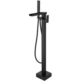 Matte Black Freestanding Tub Filler Floor Mount Faucet with Handheld Shower and Waterfall Spout