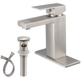 Brushed Nickel Low-Arc Single-Handle Bathroom Sink Faucet with Drain