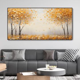 Hand Painted Large Original Golden Forest Landscape Oil Painting Autumn Yellow Tree Fallen Leaves Wall Art Morning Fog Woods Modern Texture Home Decor (size: 60x120cm)
