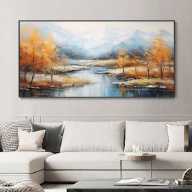 Original Hand Painted Snowy Mountain Canvas Oil Painting Custom Autumn Forest Wall Art Abstract River Landscape Painting Modern Living Room Decor Gift (size: 120x240cm)